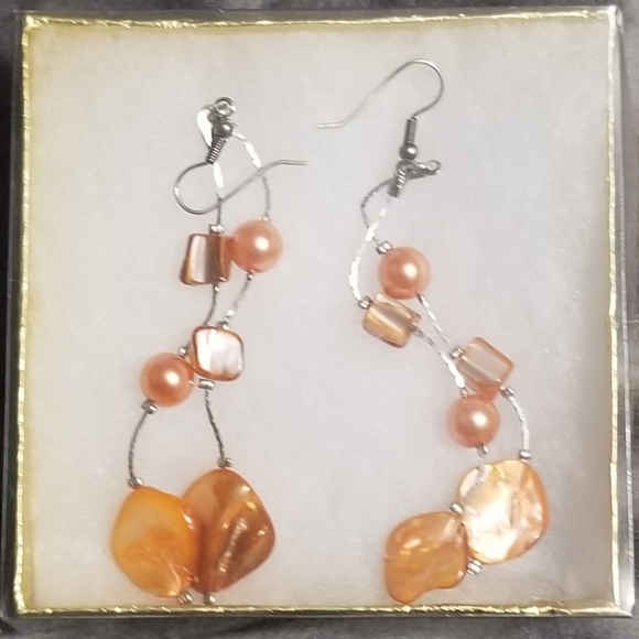 Iridescent Orange/Coral Stone Bead Dangle Earring - Picture 3 of 3